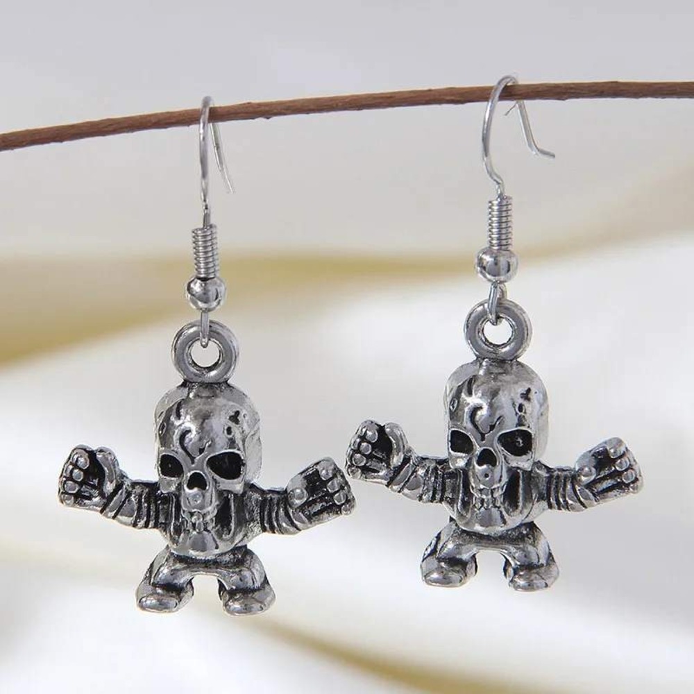 Skull Dangle Earrings Silver Tone Skeleton Gothic‎ Punk Skeleton Drop Costume